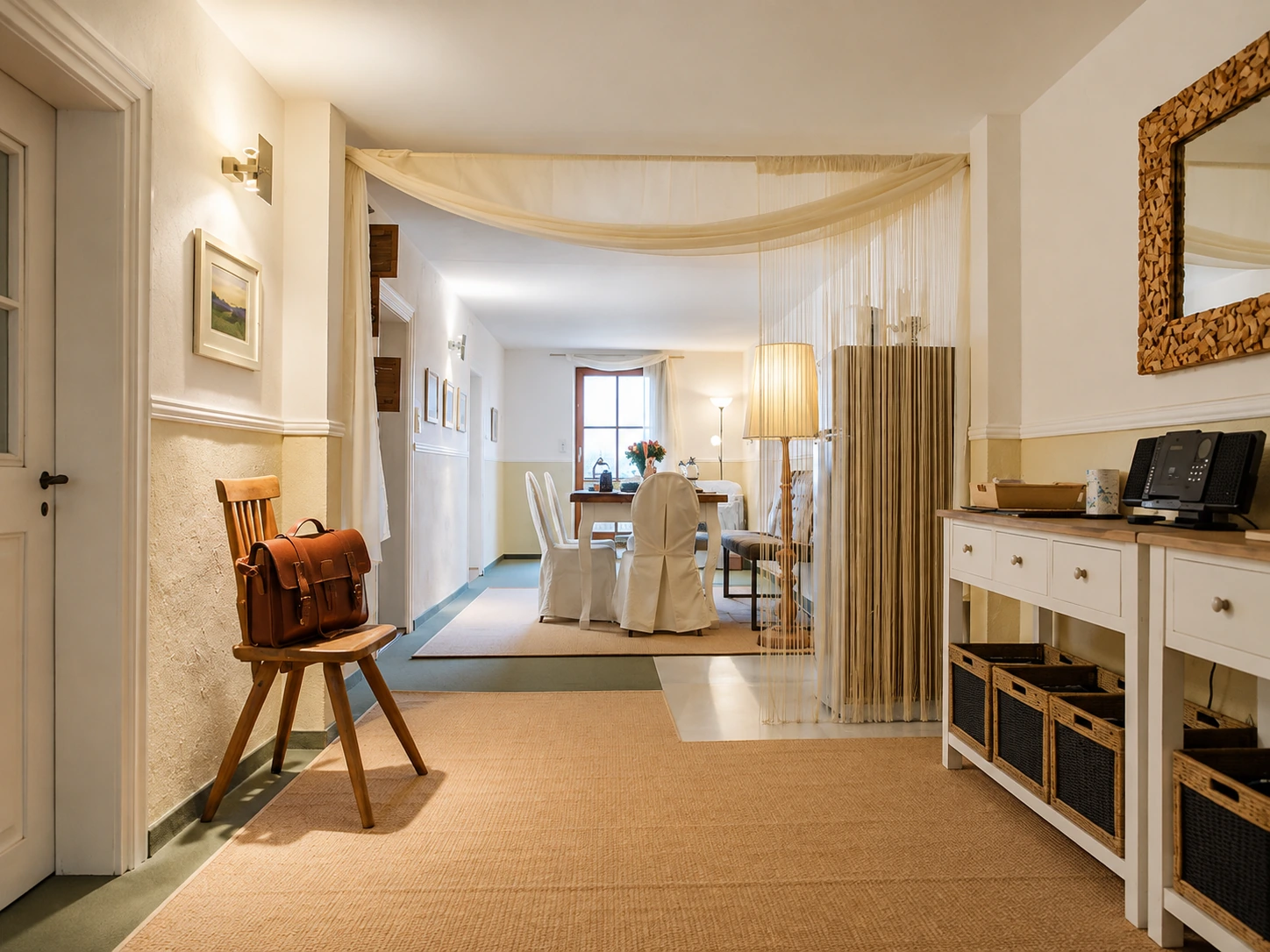 Essbereich des Apartments mit langer Tafel und wohnlichem Licht