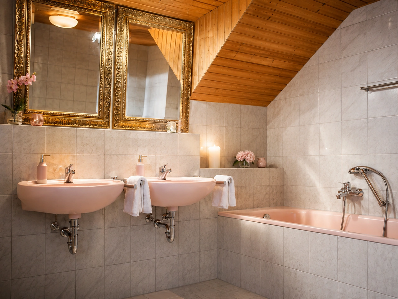 Badezimmer mit zwei Waschbecken und Badewanne im Kleinen Landhaus II