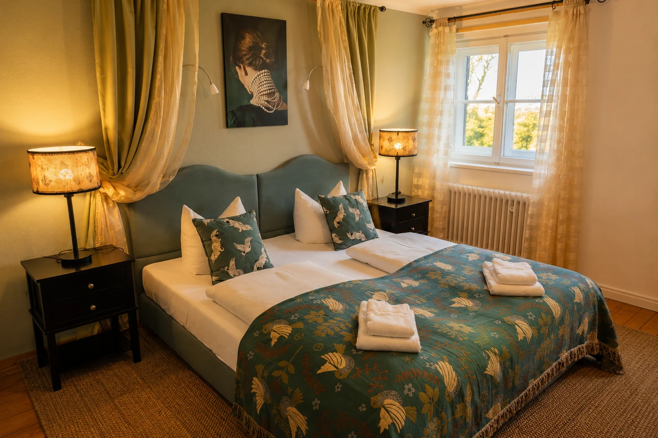Schlafzimmer mit petrolfarbenem Bett und warmen Textilien im Kleinen Landhaus II