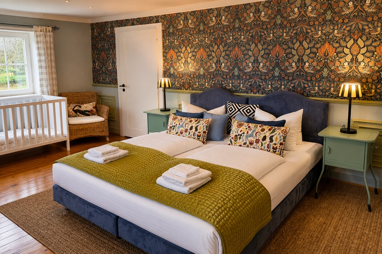 Schlafzimmer mit gemusterter Wand und grünem Bett im Kleinen Landhaus II