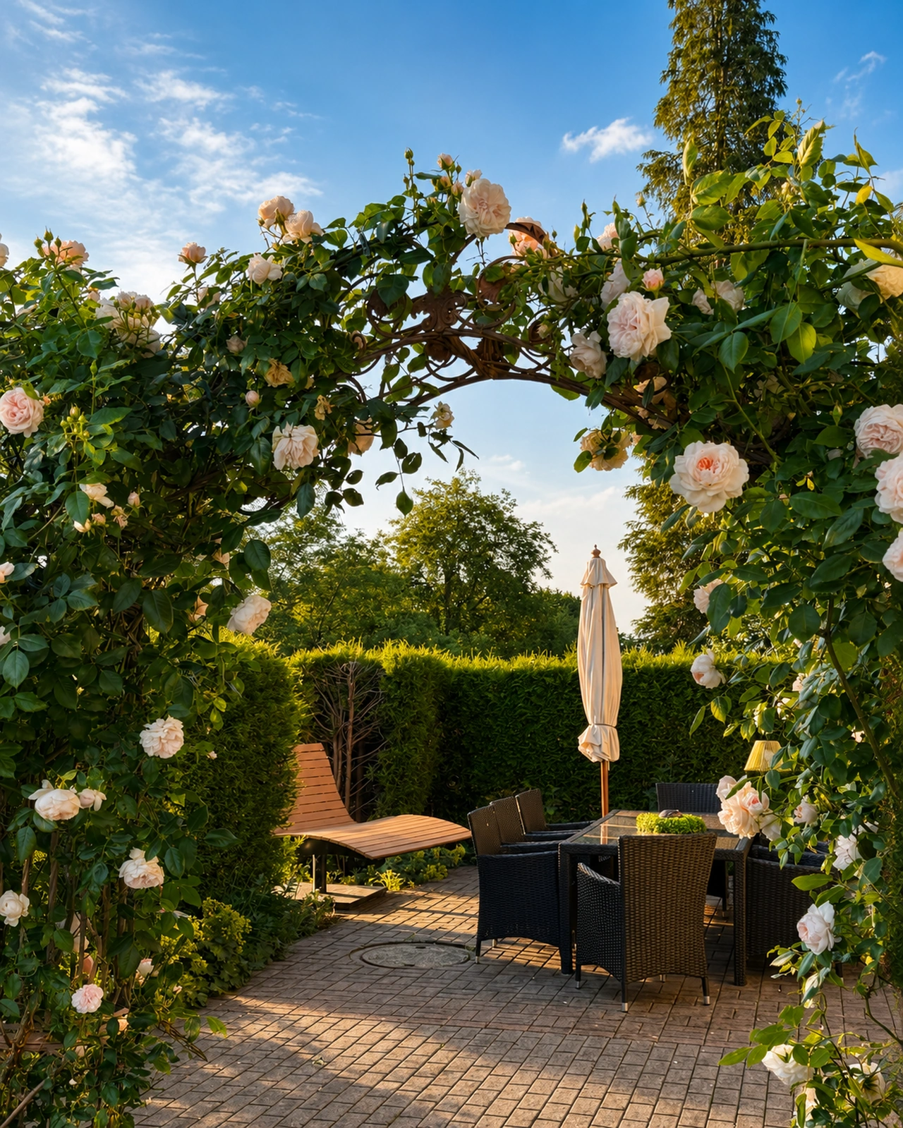 Geschützte Terrasse mit großem Esstisch am Kleinen Landhaus II